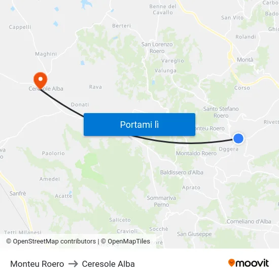Monteu Roero to Ceresole Alba map