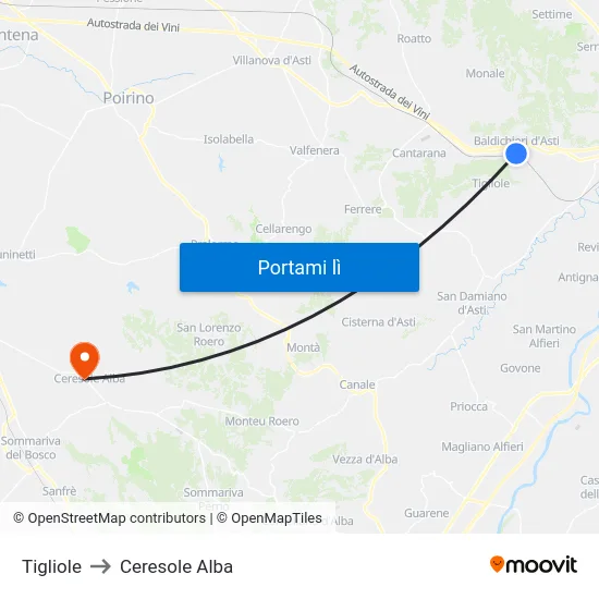 Tigliole to Ceresole Alba map