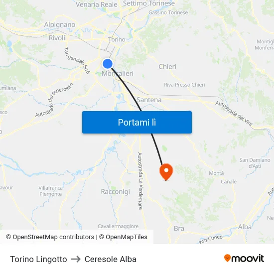 Torino Lingotto to Ceresole Alba map