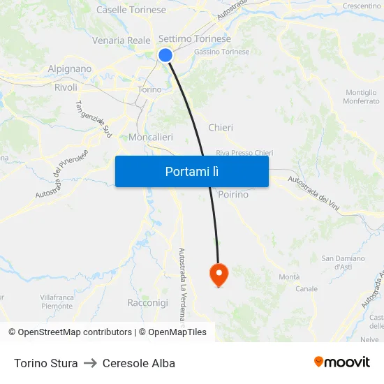 Torino Stura to Ceresole Alba map