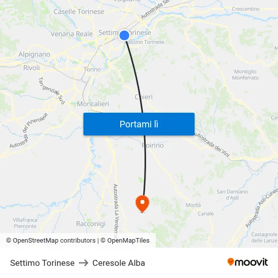 Settimo Torinese to Ceresole Alba map