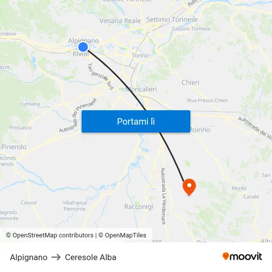 Alpignano to Ceresole Alba map