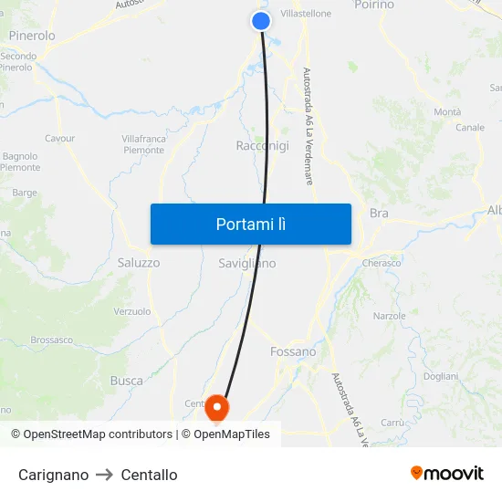 Carignano to Centallo map