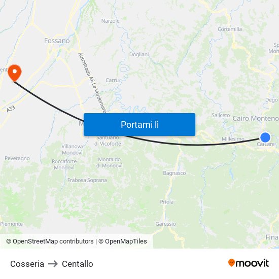 Cosseria to Centallo map
