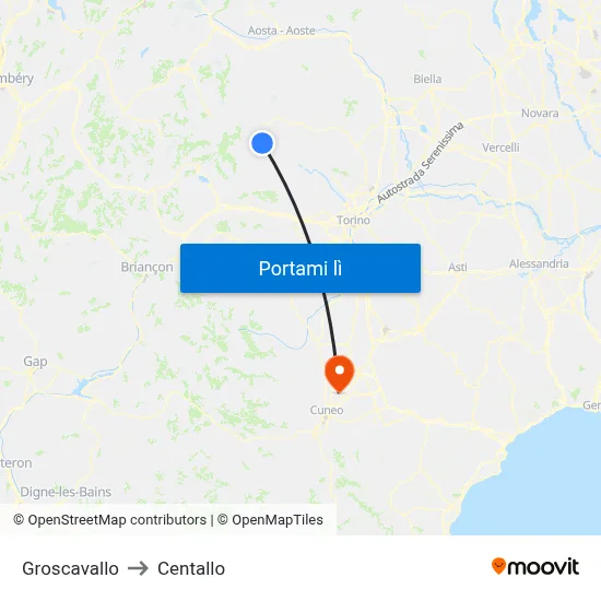 Groscavallo to Centallo map