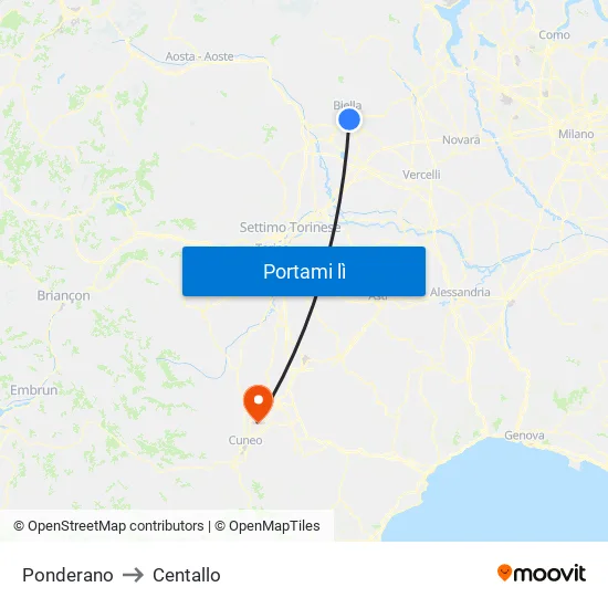 Ponderano to Centallo map