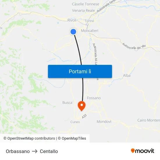 Orbassano to Centallo map