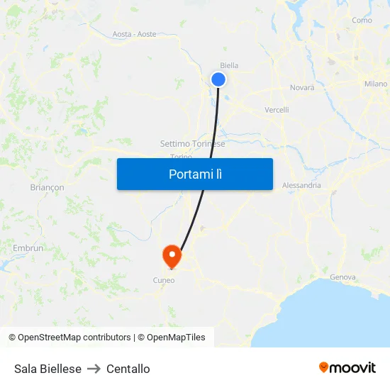 Sala Biellese to Centallo map