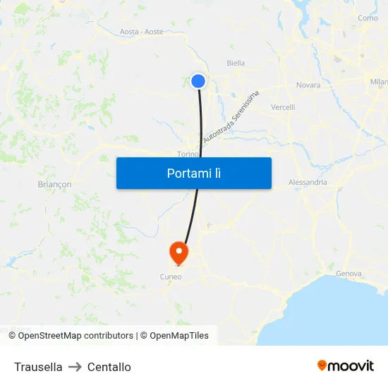 Trausella to Centallo map