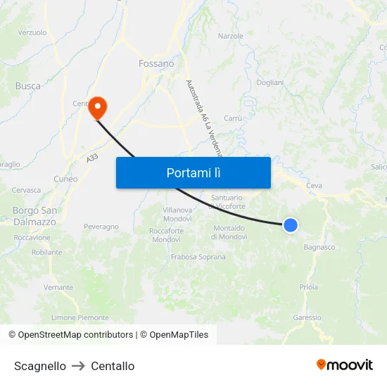 Scagnello to Centallo map