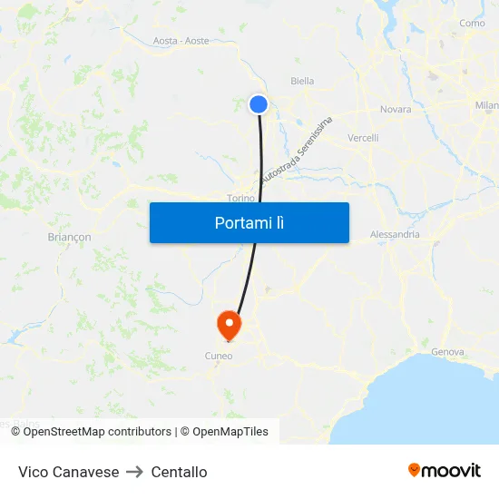 Vico Canavese to Centallo map