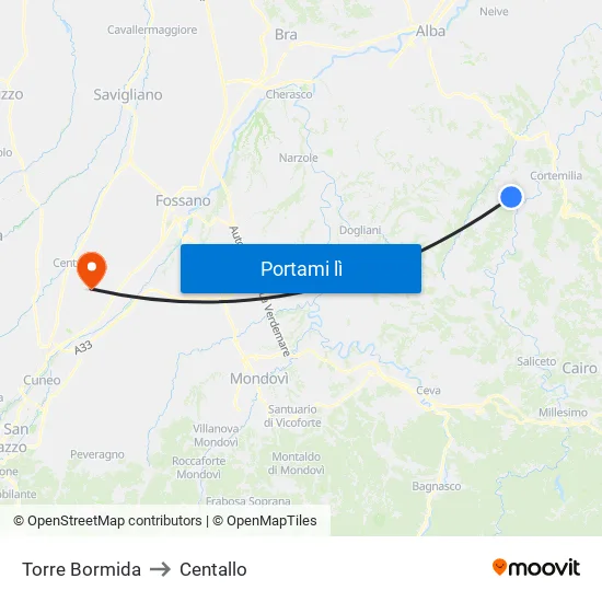 Torre Bormida to Centallo map