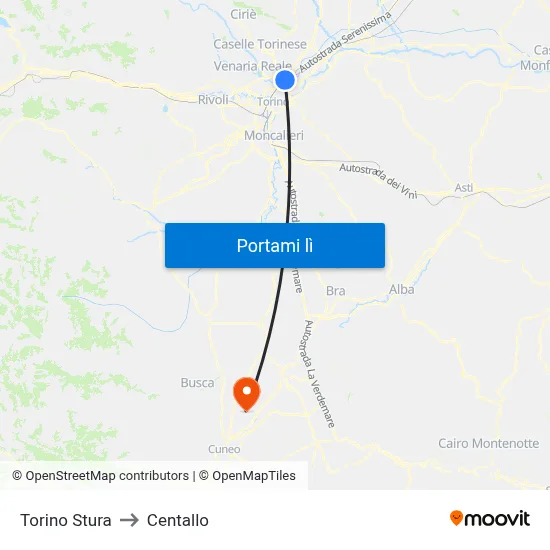 Torino Stura to Centallo map