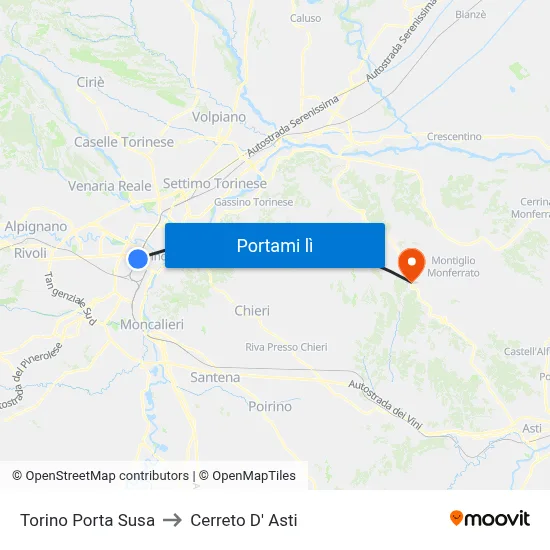 Torino Porta Susa to Cerreto D' Asti map