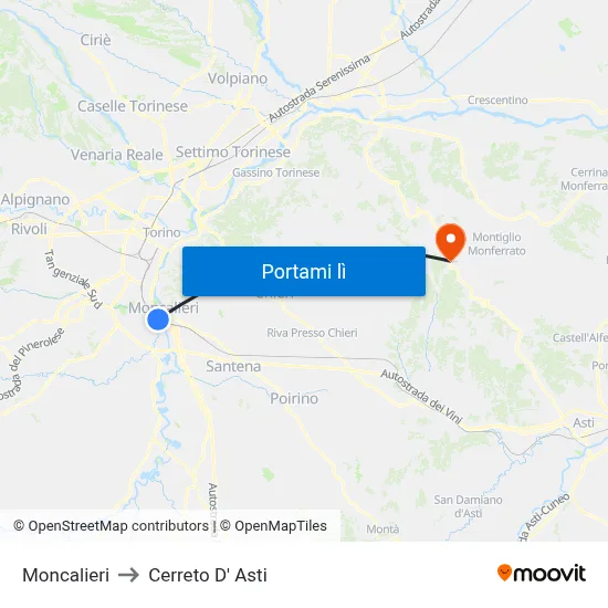 Moncalieri to Cerreto D' Asti map