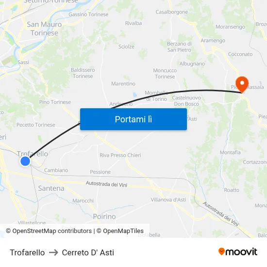 Trofarello to Cerreto D' Asti map