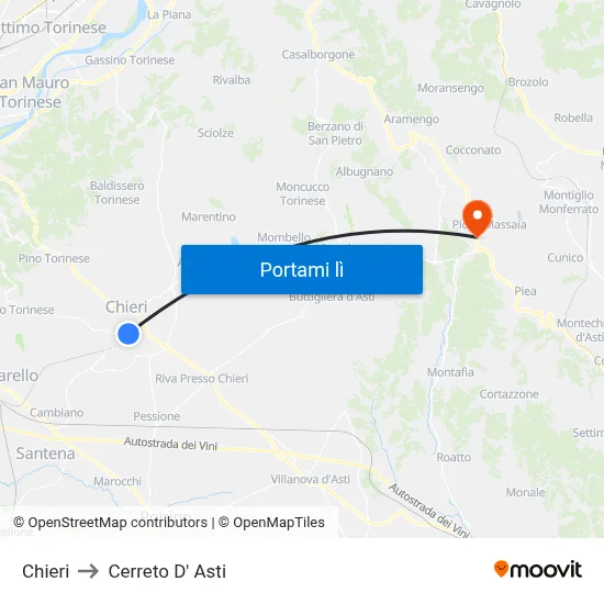 Chieri to Cerreto D' Asti map