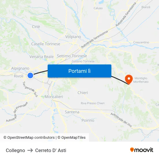 Collegno to Cerreto D' Asti map