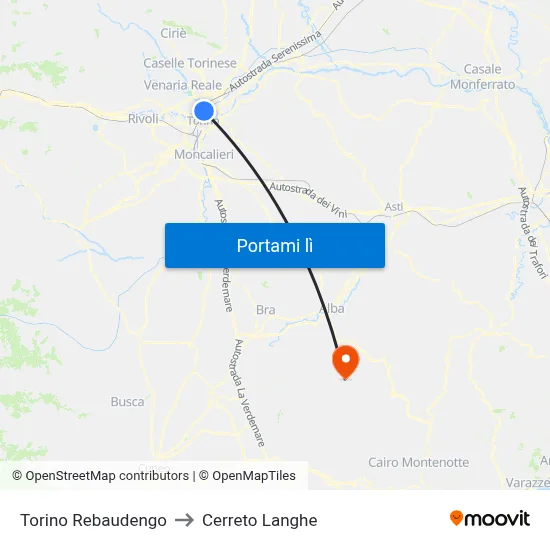 Torino Rebaudengo to Cerreto Langhe map