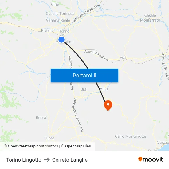 Torino Lingotto to Cerreto Langhe map