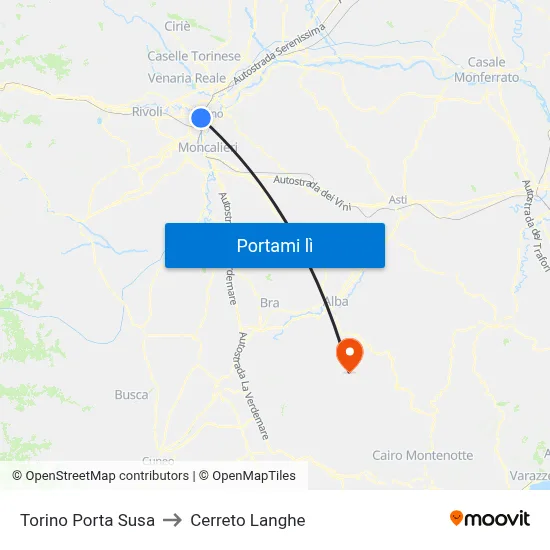Torino Porta Susa to Cerreto Langhe map