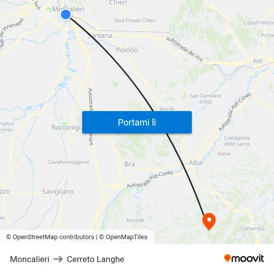 Moncalieri to Cerreto Langhe map