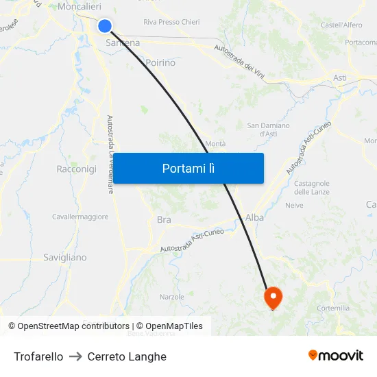 Trofarello to Cerreto Langhe map