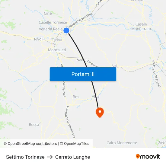 Settimo Torinese to Cerreto Langhe map