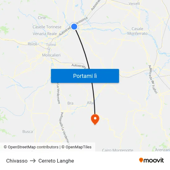 Chivasso to Cerreto Langhe map