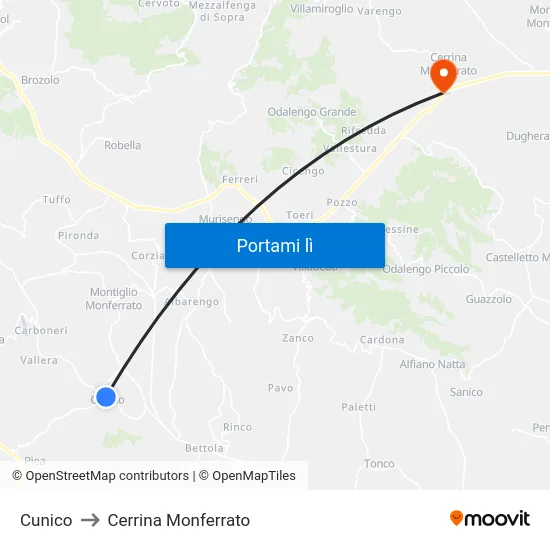 Cunico to Cerrina Monferrato map