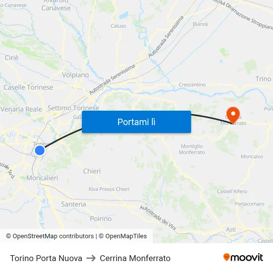 Torino Porta Nuova to Cerrina Monferrato map
