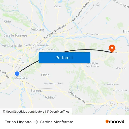 Torino Lingotto to Cerrina Monferrato map