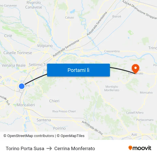 Torino Porta Susa to Cerrina Monferrato map