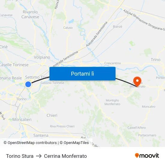 Torino Stura to Cerrina Monferrato map