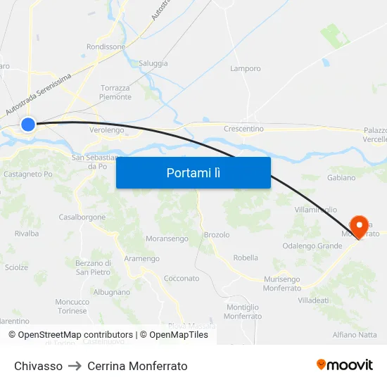 Chivasso to Cerrina Monferrato map