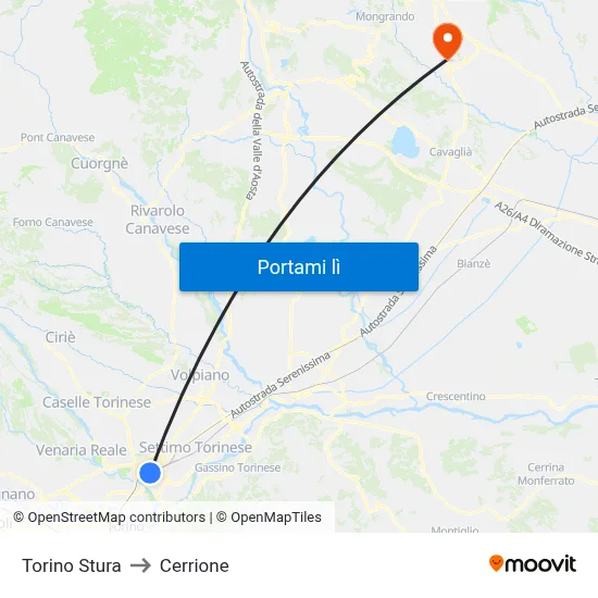 Torino Stura to Cerrione map
