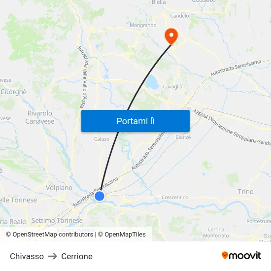 Chivasso to Cerrione map