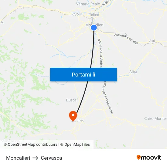 Moncalieri to Cervasca map