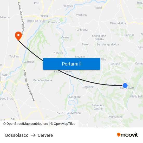 Bossolasco to Cervere map