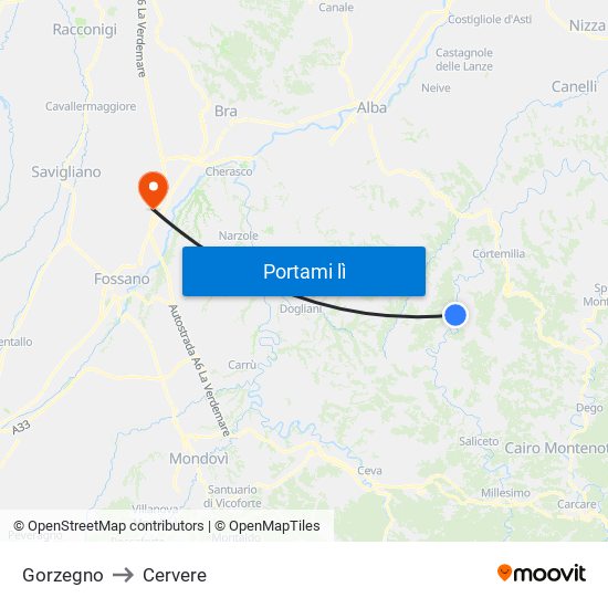 Gorzegno to Cervere map