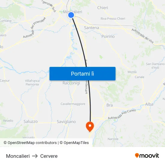 Moncalieri to Cervere map