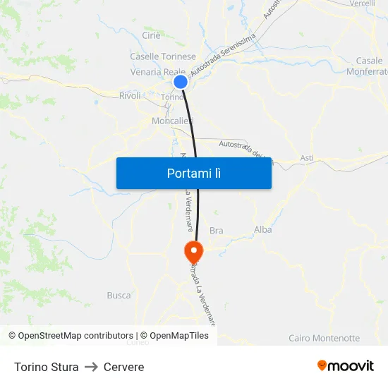 Torino Stura to Cervere map