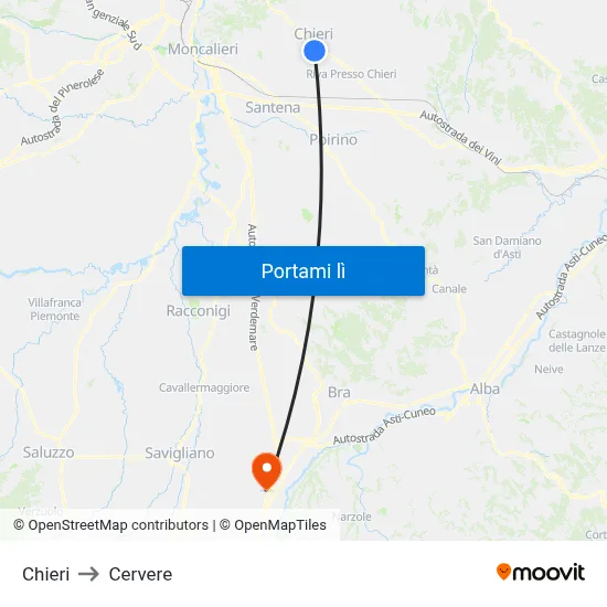 Chieri to Cervere map