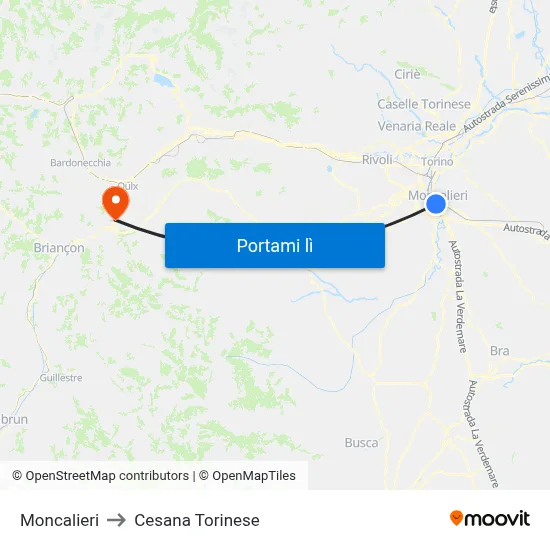 Moncalieri to Cesana Torinese map