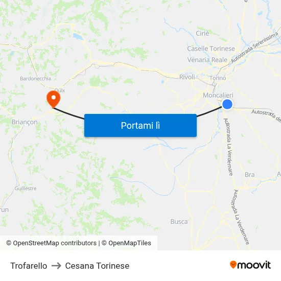 Trofarello to Cesana Torinese map