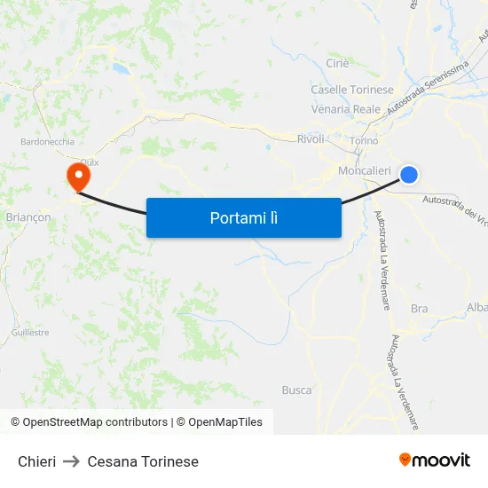 Chieri to Cesana Torinese map