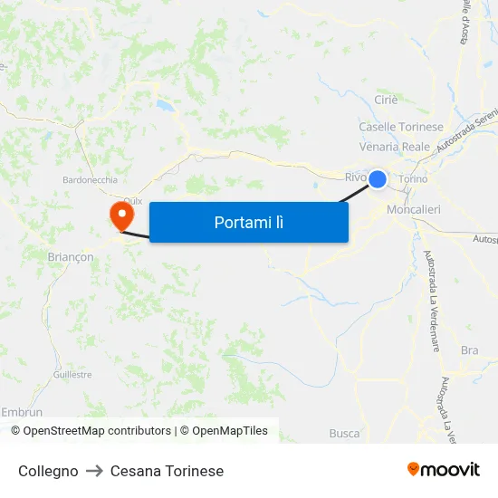 Collegno to Cesana Torinese map