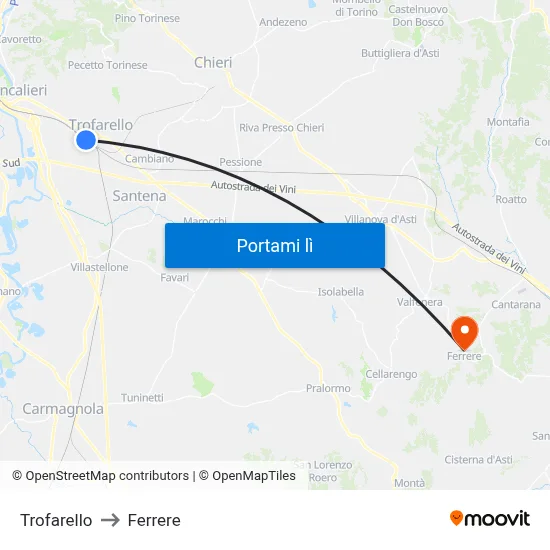 Trofarello to Ferrere map