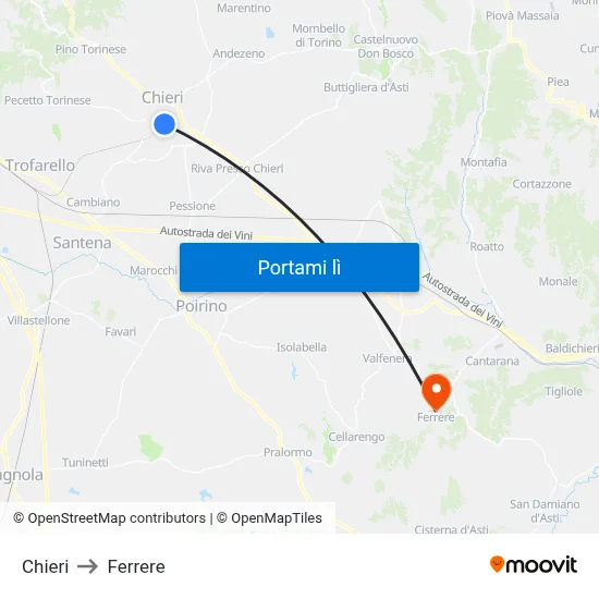 Chieri to Ferrere map