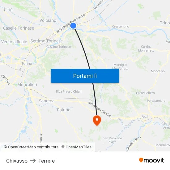 Chivasso to Ferrere map